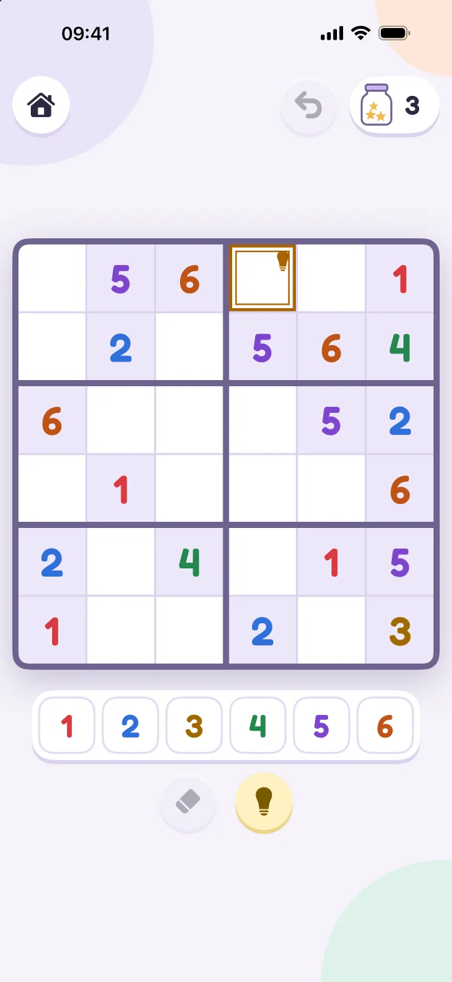Teenydoku on iPhone: the help bulb has ringed a square to try next.
